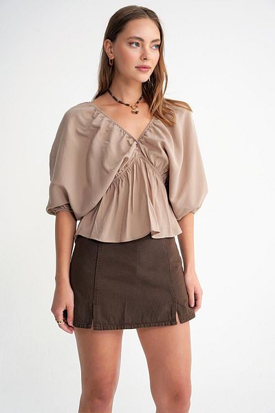 Mixray 4703 Women's V-Neck Elastic Modal Blouse Soil