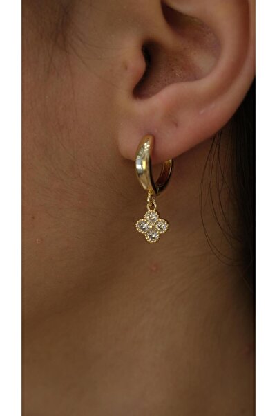 Jerie Gold Zirkon Taş Yonca Figür Sallantılı Küpe