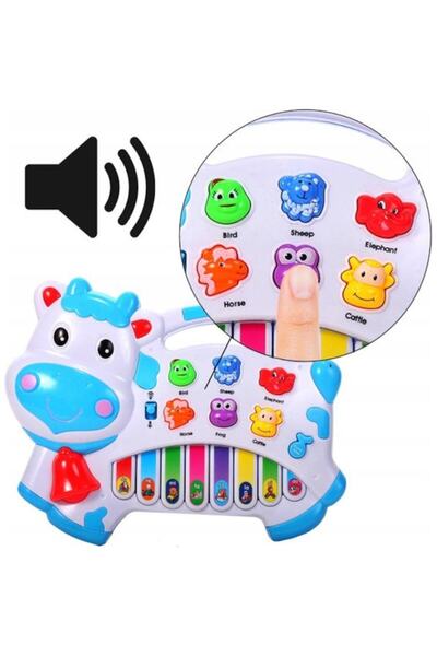 indiggo Διαδραστικό πιάνο σε σχήμα αγελάδας με ήχους και τραγούδια ζώων, Indiggo, λευκό/μπλε