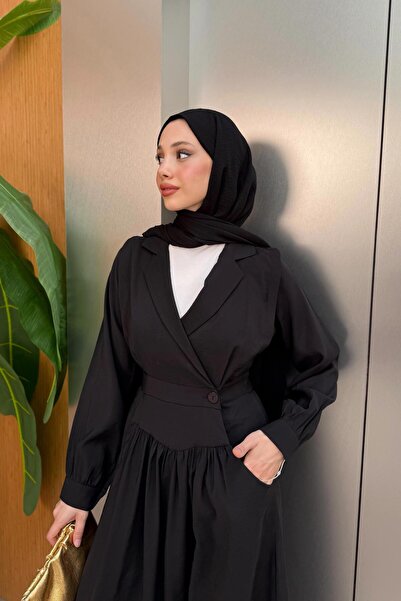 QUQA Kruvaze Yaka Modal Elbise - Siyah