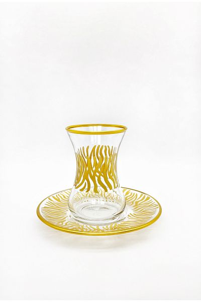 ÖzcamKristal 12 Piece Tea Cup Set with Thin Waisted Gold Motif for 6 People