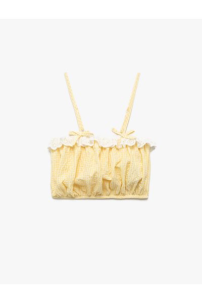 Koton Loose Fit Lace Detailed Bow Thin Strap Gingham Crop Blouse