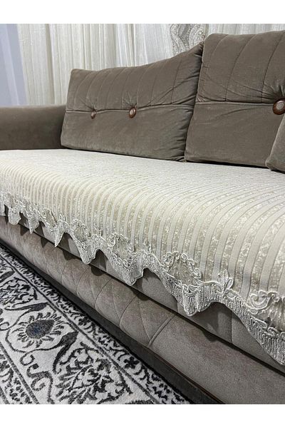 DECORA CASA HOME COLLECTİON Lacy Striped Sponge Velvet Non-Slip Sofa Bed Seat Cover (85X210)