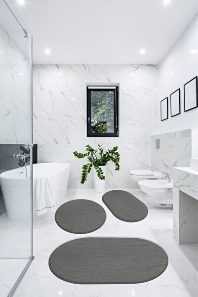 BSB HOME LİVİNG Puffy Soft 3-Piece Bathroom Carpet Mat Oval Plush Toilet Seat Set-Anthracite 60X100-40X60-60X60