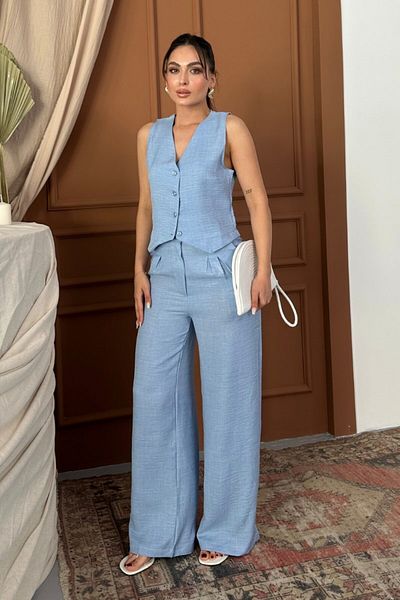 spirituel Women's Bottom Top Set Linen Button V-Neck Vest Loose Leg Pants Set