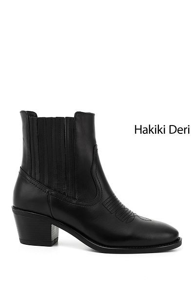 GÖNDERİ(R) Women / Girls Black Thick Heeled Genuine Leather Cowboy Boots