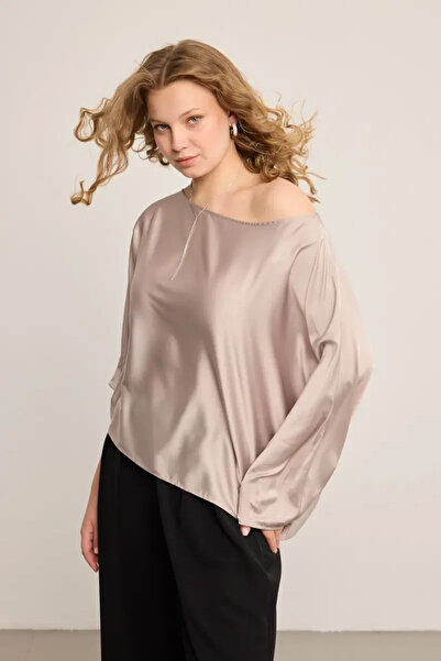 Gusto One Shoulder Satin Blouse - Stone