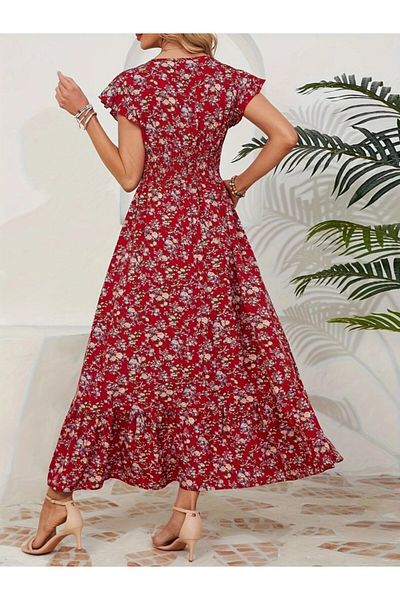 Modayakamoz New Season Women's Short Sleeve Double Breasted Collar Elastic Waist Floral Pattern Dress