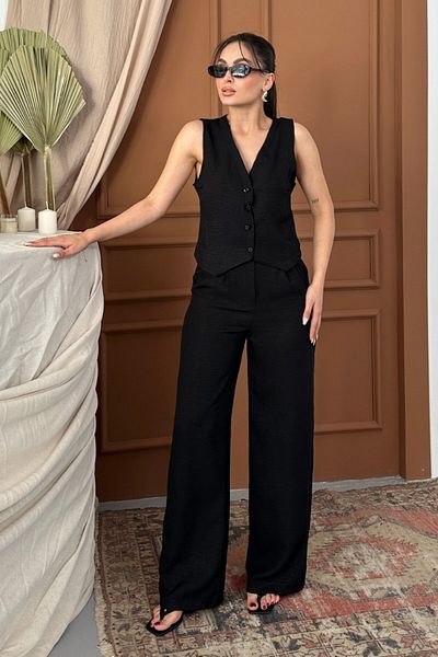 spirituel Women's Bottom Top Set Linen Button V-Neck Vest Loose Leg Pants Set