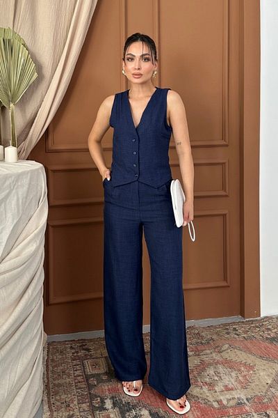 spirituel Women's Bottom Top Set Linen Button V-Neck Vest Loose Leg Pants Set