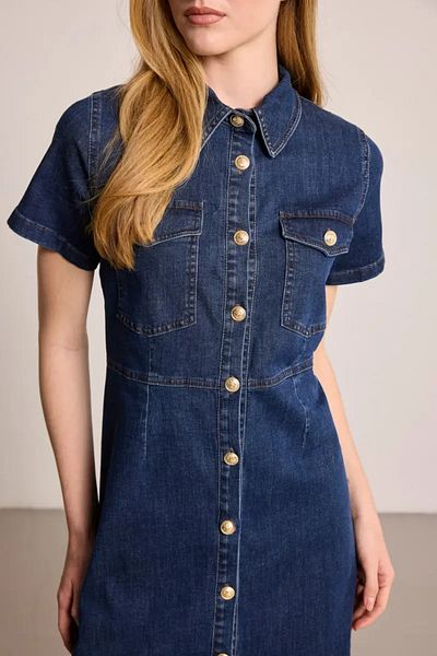 Gusto Short Sleeve Denim Dress - Blue