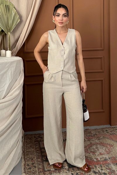 spirituel Women's Bottom Top Set Linen Button V-Neck Vest Loose Leg Pants Set