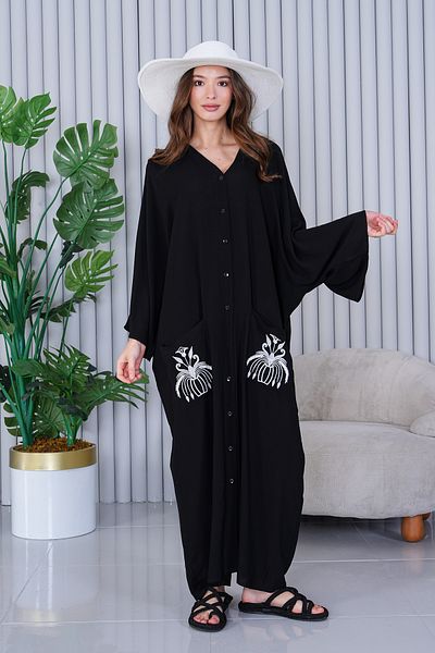 EL jadida Women's Embroidered Buttoned Plus Size Viscose Long Dress Black