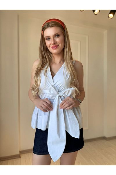 Store Double Breasted Collar Skirt Flounced Waist Belted Poplin Blouse