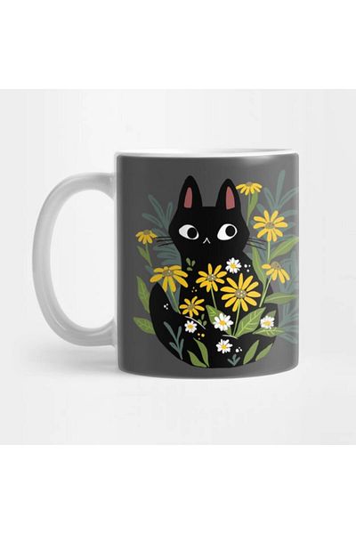 Pixxa Black Cat in the Flowers Mug