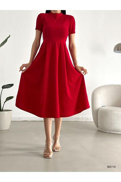 Modafeminen Short Sleeve Pocket Long Crepe Fabric Dress Red 582110