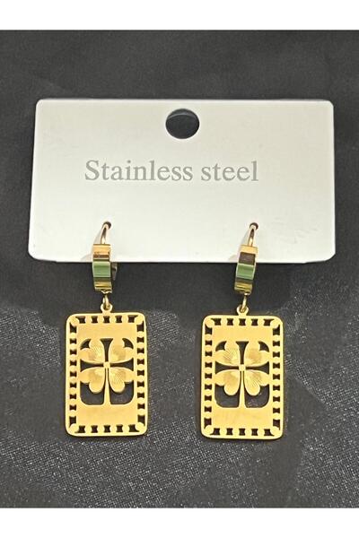 Meri Clover Detailed Rectangular Model Steel Earrings