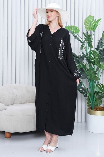 EL jadida Women's Embroidered Buttoned Plus Size Viscose Long Dress Black