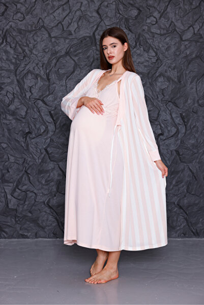 Yulem Homewear Pudra Askılı Çizgili Emzirme Özellikli Lohusa Hamile Gecelik-Sabahlık 2'li Set