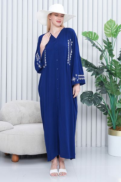 EL jadida Women's Embroidered Buttoned Plus Size Viscose Long Dress Navy Blue