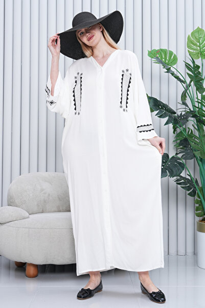 EL jadida Γυναικείο Κεντημένο Κουμπωτό Μακρύ Φόρεμα Βισκόζης Plus Size Λευκό