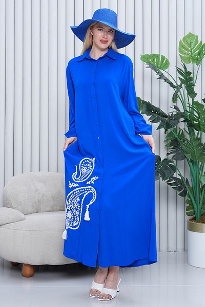 EL jadida Women's Embroidered Buttoned Plus Size Viscose Long Dress Saks Blue