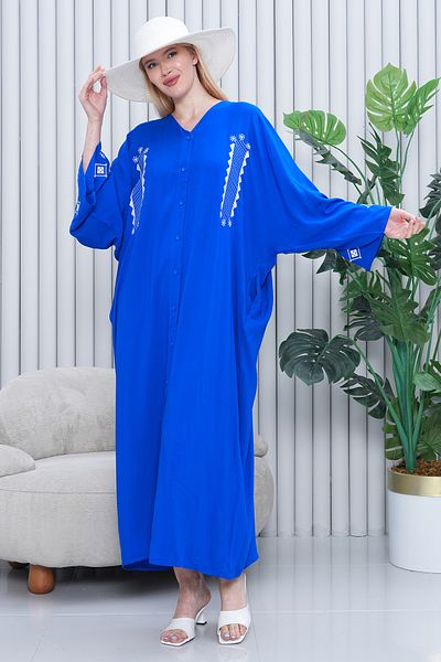 EL jadida Women's Embroidered Buttoned Plus Size Viscose Long Dress Saks Blue