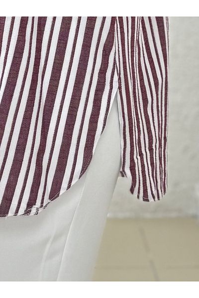 Mihra Λεπτό ριγέ πουκάμισο Seersucker-KN1965 Claret Red