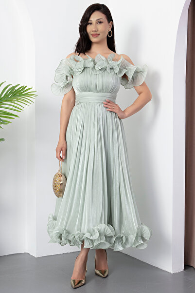 PULLIMM Βραδινό φόρεμα με βολάν στήθος και φούστα με γιακά καρδιά BAL139