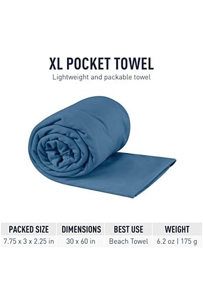 Sea to Summit Pocket Towel for Camping, Gym, and Travel, XL Size (30 × 60 Inch), Moonlight Blue, Po