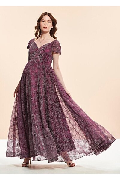 Desen Hamile Giyim Mor Desenli Tül Kumaş Uzun Hamile Abiye Elbise