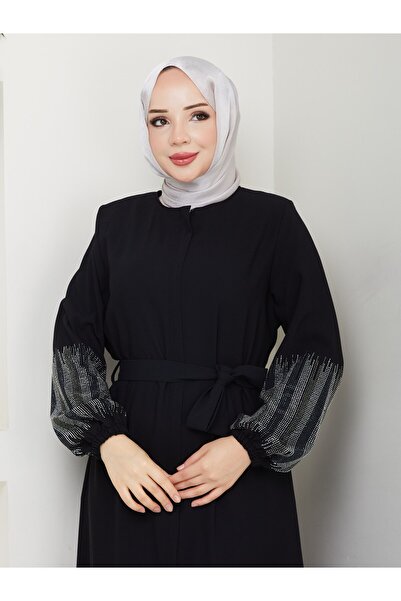 MUDUTEKSTİL Gizli Fermuarlı Kolu Taşlı Ferace Siyah