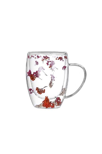 Bien Servi Decorated Flower Filling Elegant Design Double Wall Glass Coffee Mug Clear