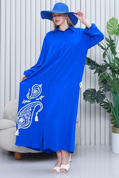 EL jadida Women's Embroidered Buttoned Plus Size Viscose Long Dress Saks Blue