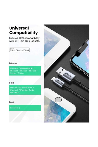 Ugreen Lightning - USB-A Örgülü MFi Sertifikalı İphone Hızlı Şarj Kablosu, 1.5 Metre, Siyah, 60157