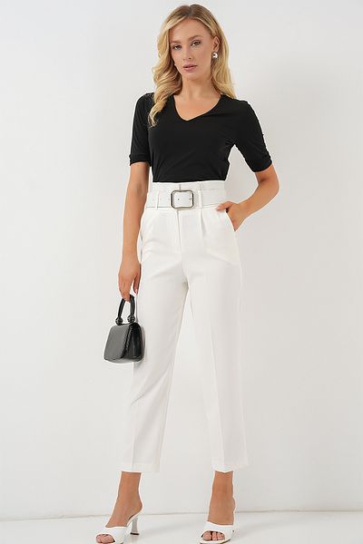 Bigdart 6556 Belted Fabric Trousers - Ecru