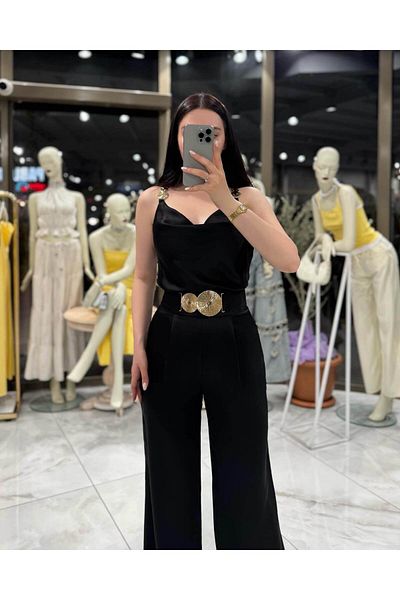 missswans Aliya Gold Accessory Detailed Full High Waist Satin Trousers Black