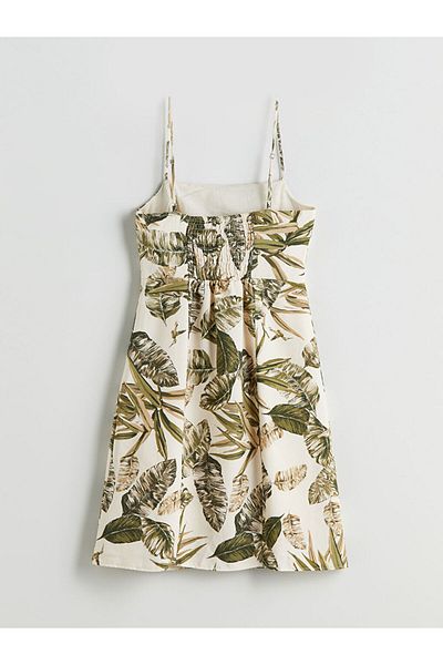 LC Waikiki Lcw Vision Green Square Collar Floral Linen Blend Mini Dress S5Qe51Z8Nvy25
