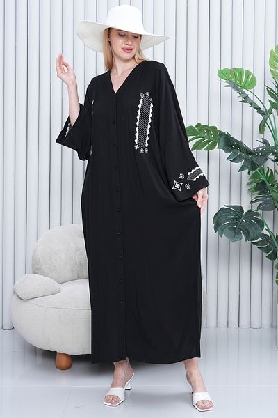 EL jadida Women's Embroidered Buttoned Plus Size Viscose Long Dress Black