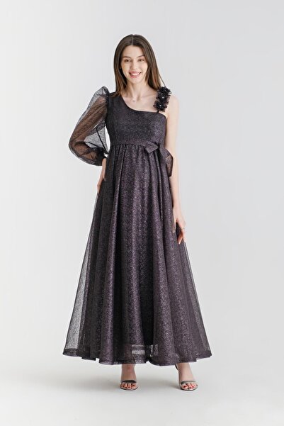 Desen Hamile Giyim Siyah Tek Omuz Uzun Hamile Abiye Elbise