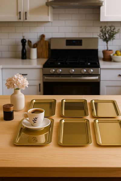 Fiyakalı Ürünler Atölyesi 6 Pieces 13X23 cm Rectangular Stainless Steel Presentation, Coffee, Tea, Presentation Tray, Dowry, Promise, Tray