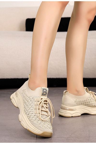 LEYDİ SHOES Siesta Bej Stone Tricotaj Detaliat Pantofi Sport