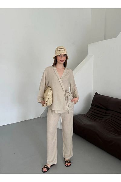 Laluvia Kimono-Anzug aus Leinenstoff mit Steindetail und seitlicher Bindung – 8373