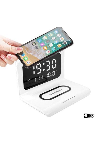 SIKS Ceas digital cu stație de încărcare wireless, alarmă și temperatură, 17 x 12 x 12,5 cm