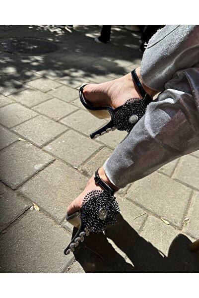 Galanthus Shoes LUXE TOPUKTA BURÇ DETAYLI ZİRKON TAŞLI 11 CM SİYAH TEK BANT