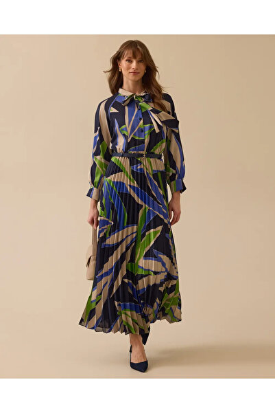 SEÇİLSTORE 1018 ŞIK ELBİSE YAKASI BAĞLAMALI ÖNÜ YARIM DÜĞMELİ BELDEN AŞAĞI PİLELİ BALON KOL KEMER DETAYLI DESE