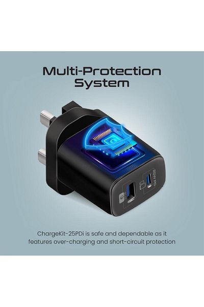 Promate Dual wall charger, USB-C PD 25W power delivery, USB-A port with QC 3.0 18W, Type-C cable