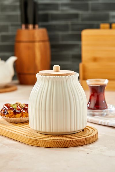 Akkoyunlu home Papatya Vacuum Wooden Lid Jar Set Spice Jar