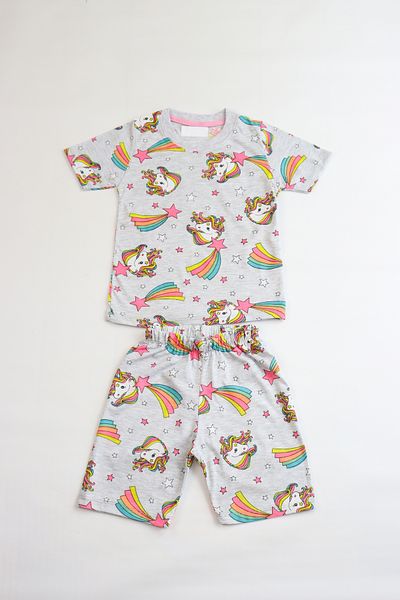 Pijamella Girl's Gray Printed Shorts Bottom-Top Basic Set 3-10 Years