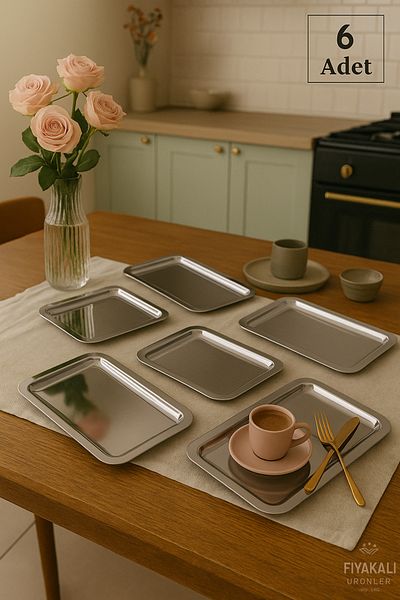 Fiyakalı Ürünler Atölyesi 6 Pieces 13X23 cm Rectangular Stainless Steel Presentation, Coffee, Tea, Presentation Tray, Dowry, Promise, Engagement